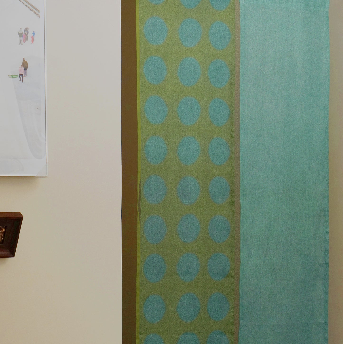 Hand dyed linen noren curtain in blue and green, additional angle of the noren curtain