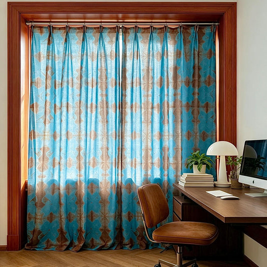 Pattern Drapery — Red Blue dressing tall windows in a styled living room