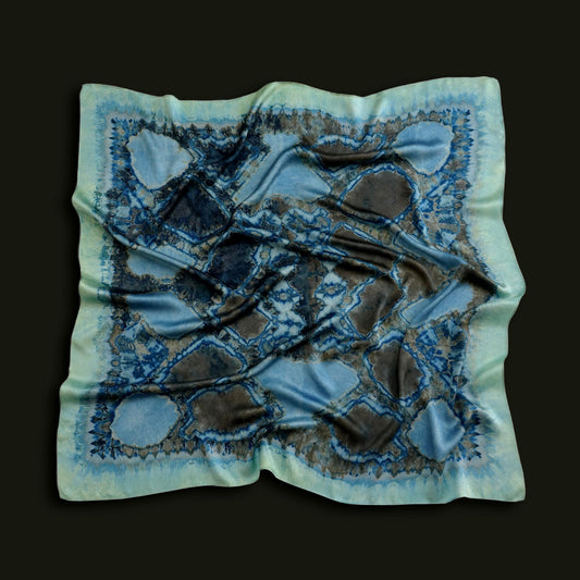 Scarf — Deep Teal styled and worn, showing the natural plant-dyed pattern