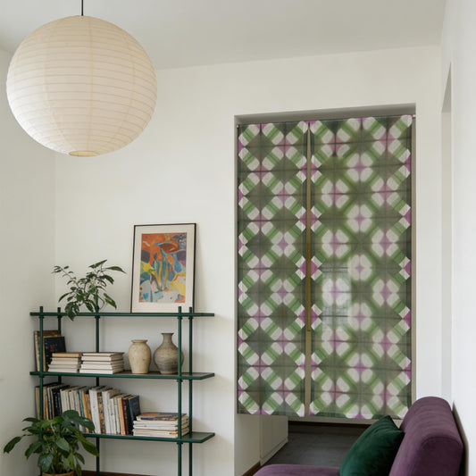 alternate angle of Motif Linen Noren — Green Flower hanging as a two-panel doorway curtain