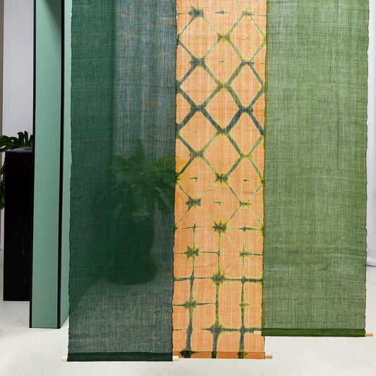 Ramie Cloth — Teal Beige displayed as a room divider or wall hanging