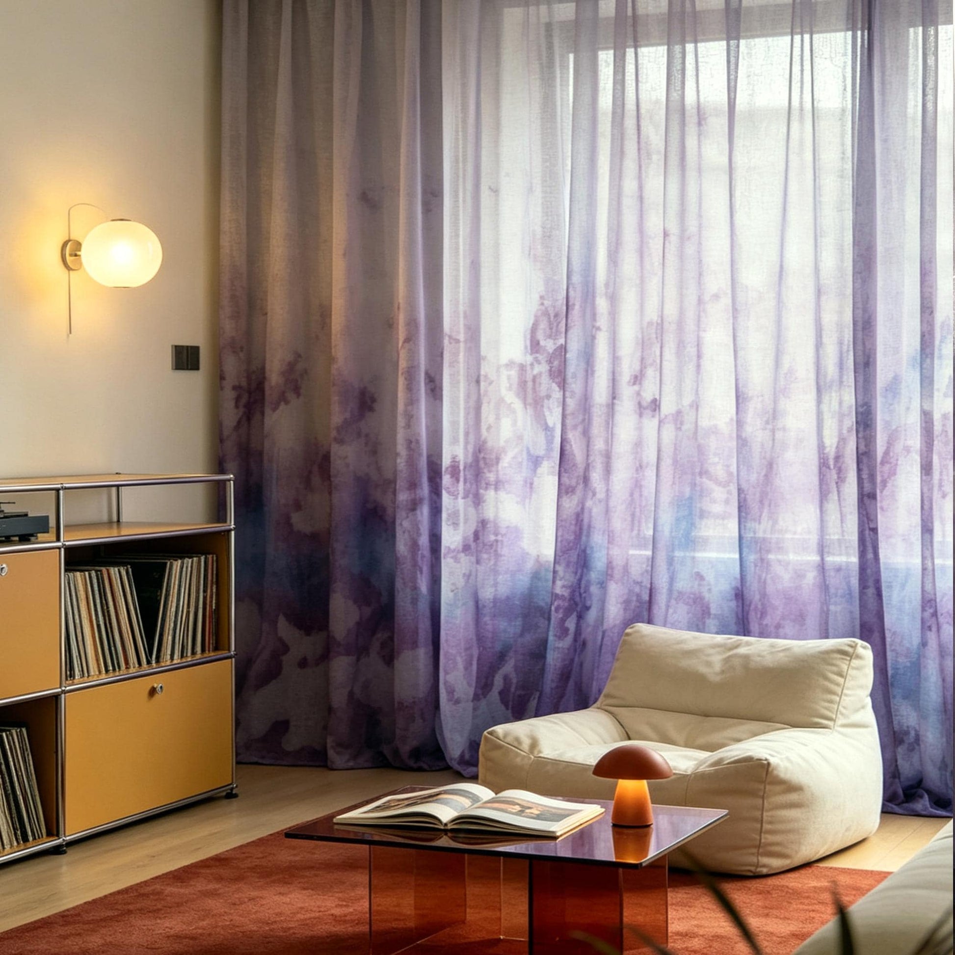Linen drapes 'Purple Haze' — handmade plant-dyed semi-sheer botanical window curtain.