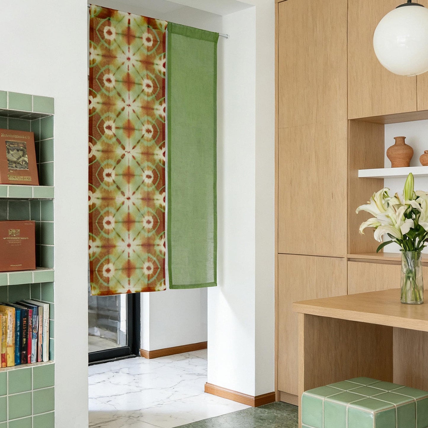 styled room scene with Motif Linen Noren — Green Bloom used as a window or doorway curtain