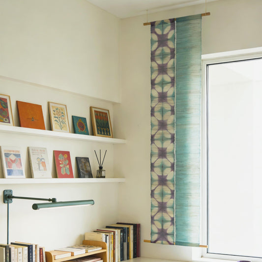 Narrow Ramie — Field Grid displayed vertically on a wall as a decorative textile banner