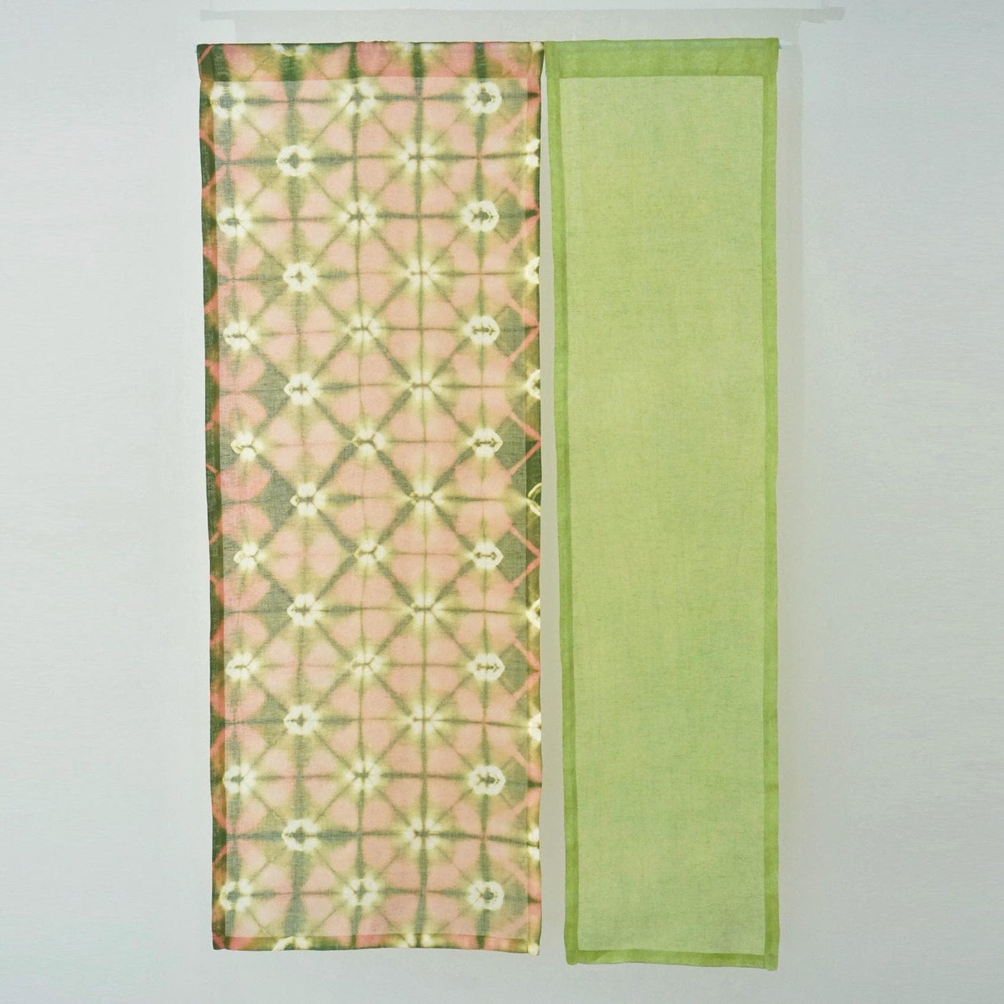 styled room scene with Motif Linen Noren — Peach used as a window or doorway curtain