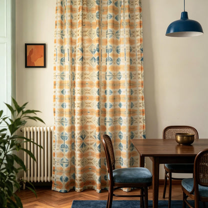 Pattern Drapery — Soft Beige dressing tall windows in a styled living room