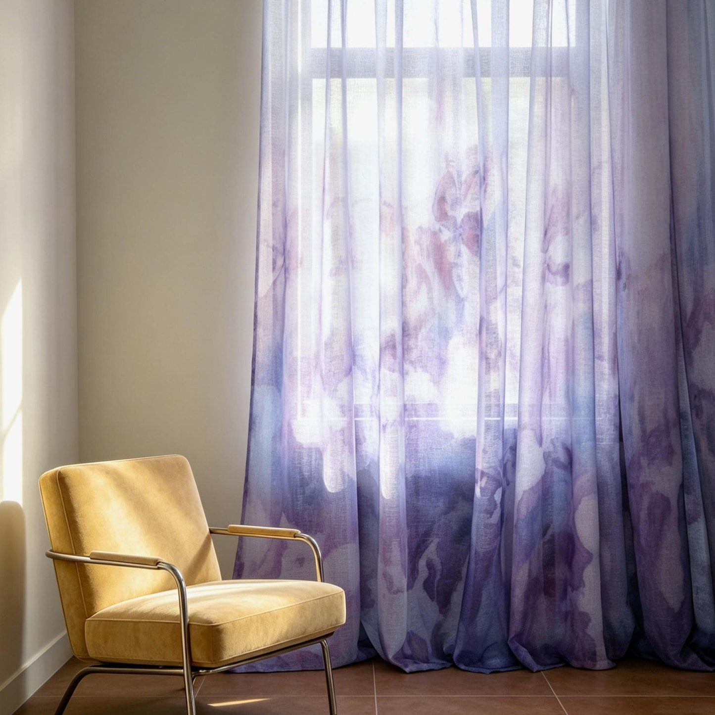 Pattern Drapery — Purple Haze dressing tall windows in a styled living room