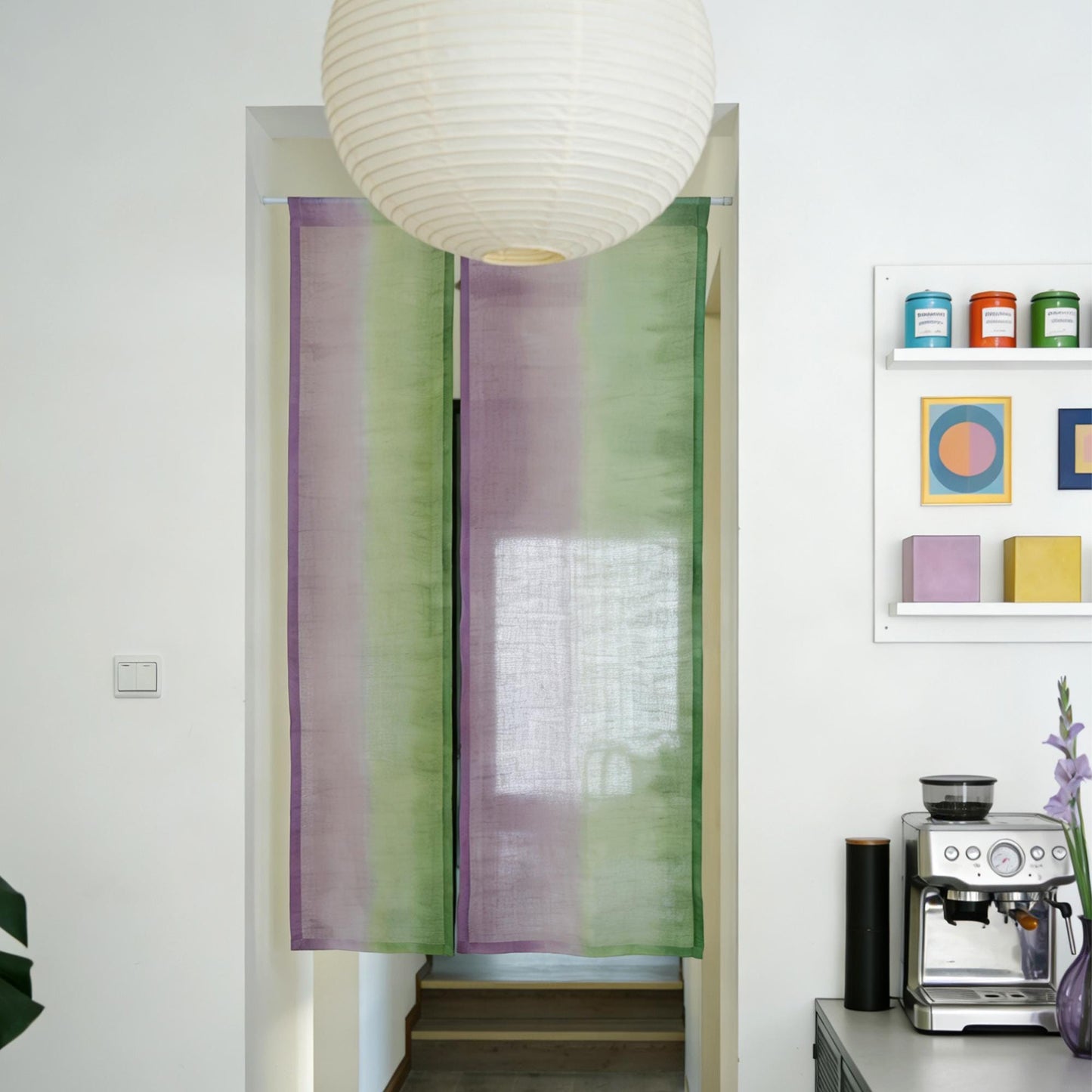 alternate angle of Motif Linen Noren — Green Flower hanging as a two-panel doorway curtain