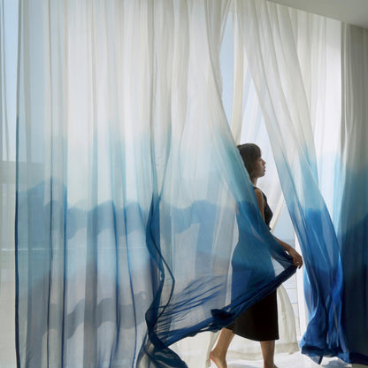 Sheer linen curtain 'White Blue' — plant-dyed translucent, light-filtering window curtain.