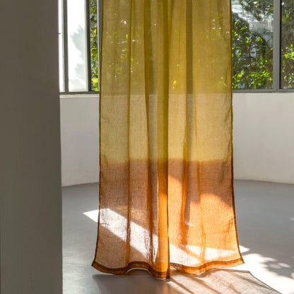 Linen Panel — Warm Beige hanging by a window, filtering daylight in a styled interior