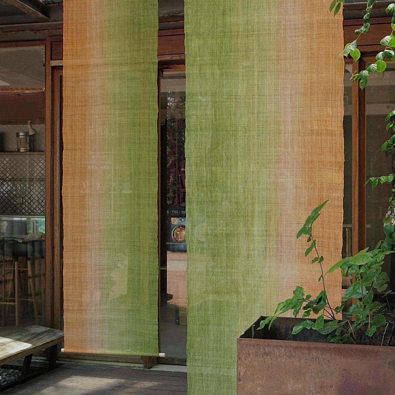 Ramie ombre textile 'Olive Haze' — hand-dyed gradient plant-dyed ramie panel.