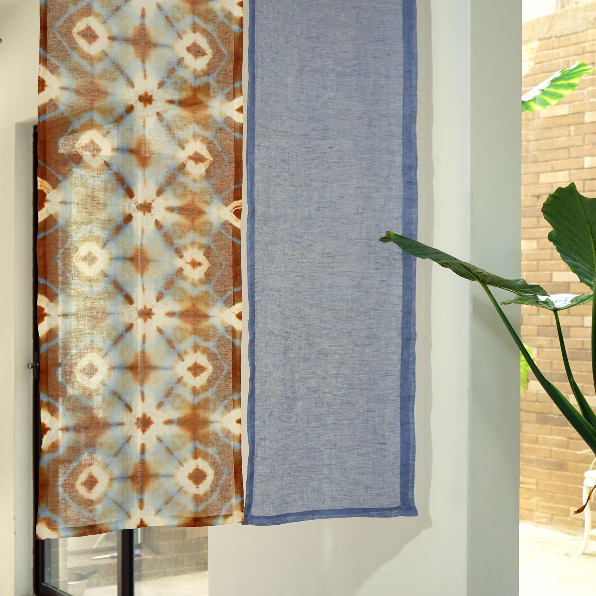 detail view of Motif Linen Noren — Blue Bloom showing plant-dyed linen texture and pattern