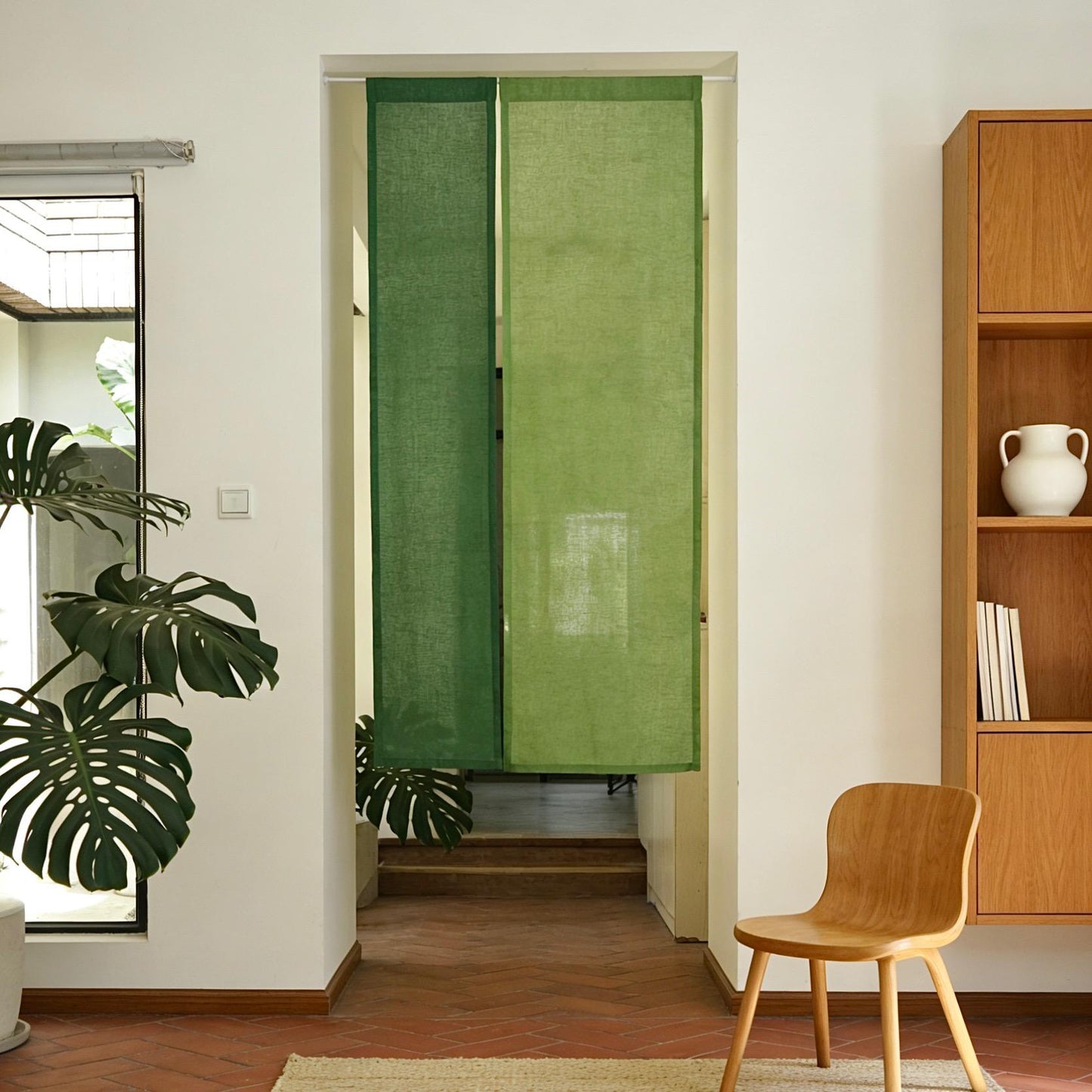 detail view of Soft Tone Noren — Leaf Green showing plant-dyed linen texture and pattern