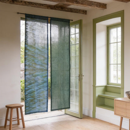 styled room scene with Motif Linen Noren — Wave used as a window or doorway curtain