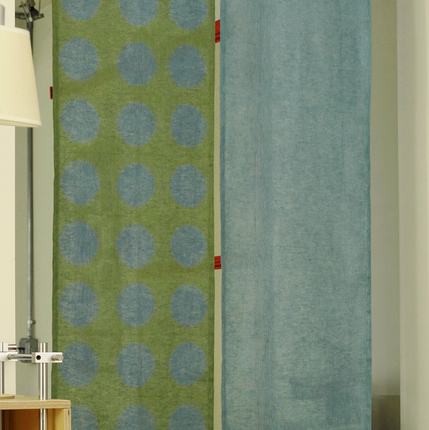 Hand dyed linen noren curtain in blue and green, detail of the hand-dyed linen weave