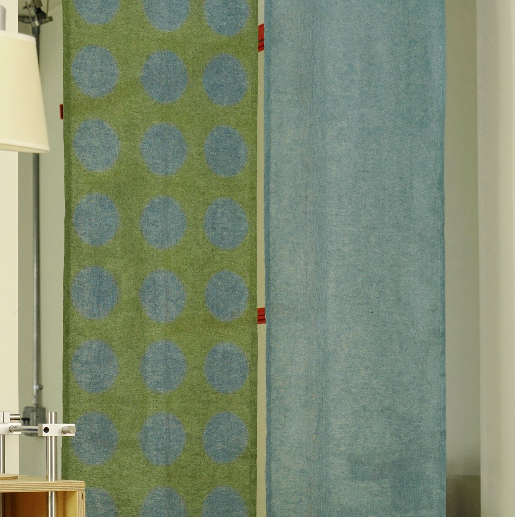 Hand dyed linen noren curtain in blue and green, detail of the hand-dyed linen weave