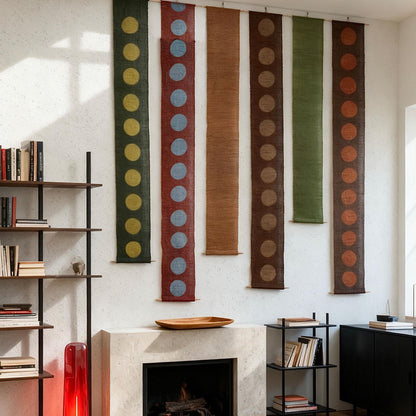 Narrow ramie wall hanging 'Circles' — plant-dyed vertical textile scroll, handmade.