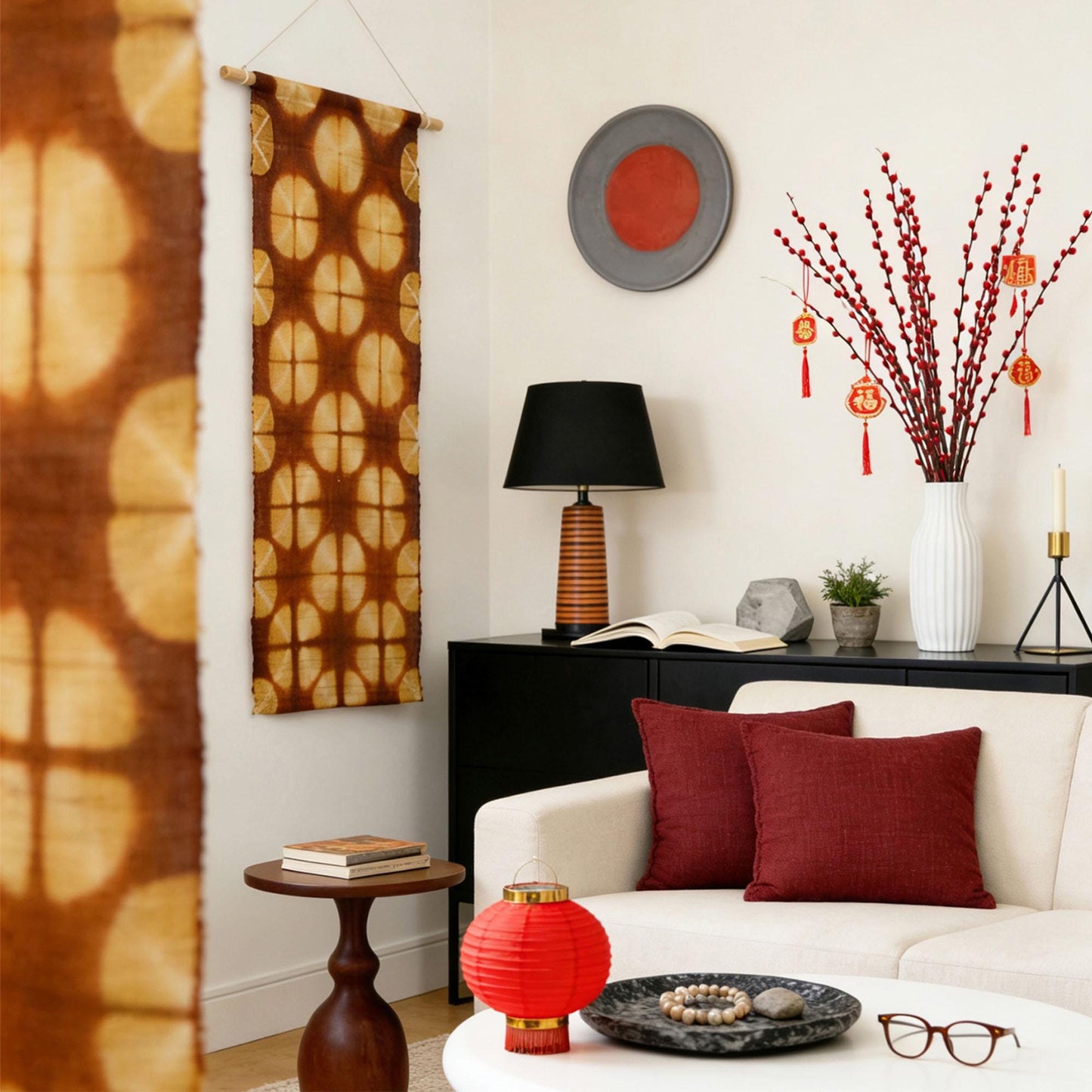 Ramie Cloth — Berry displayed as a room divider or wall hanging