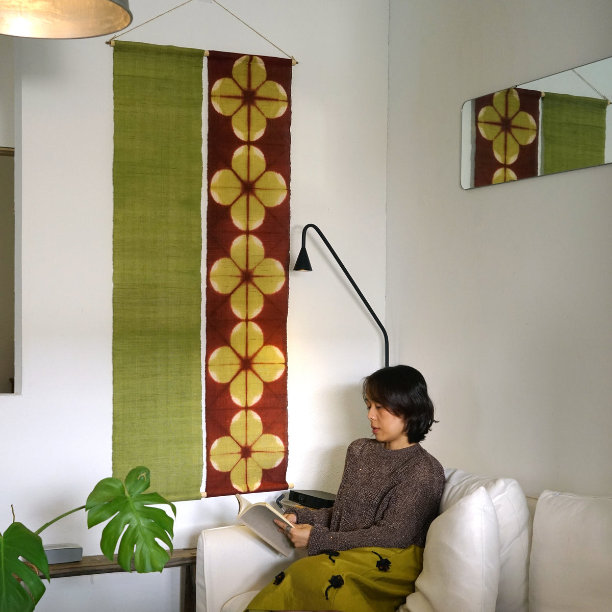 Narrow Ramie Wall Hanging — Wine Olive Blossom