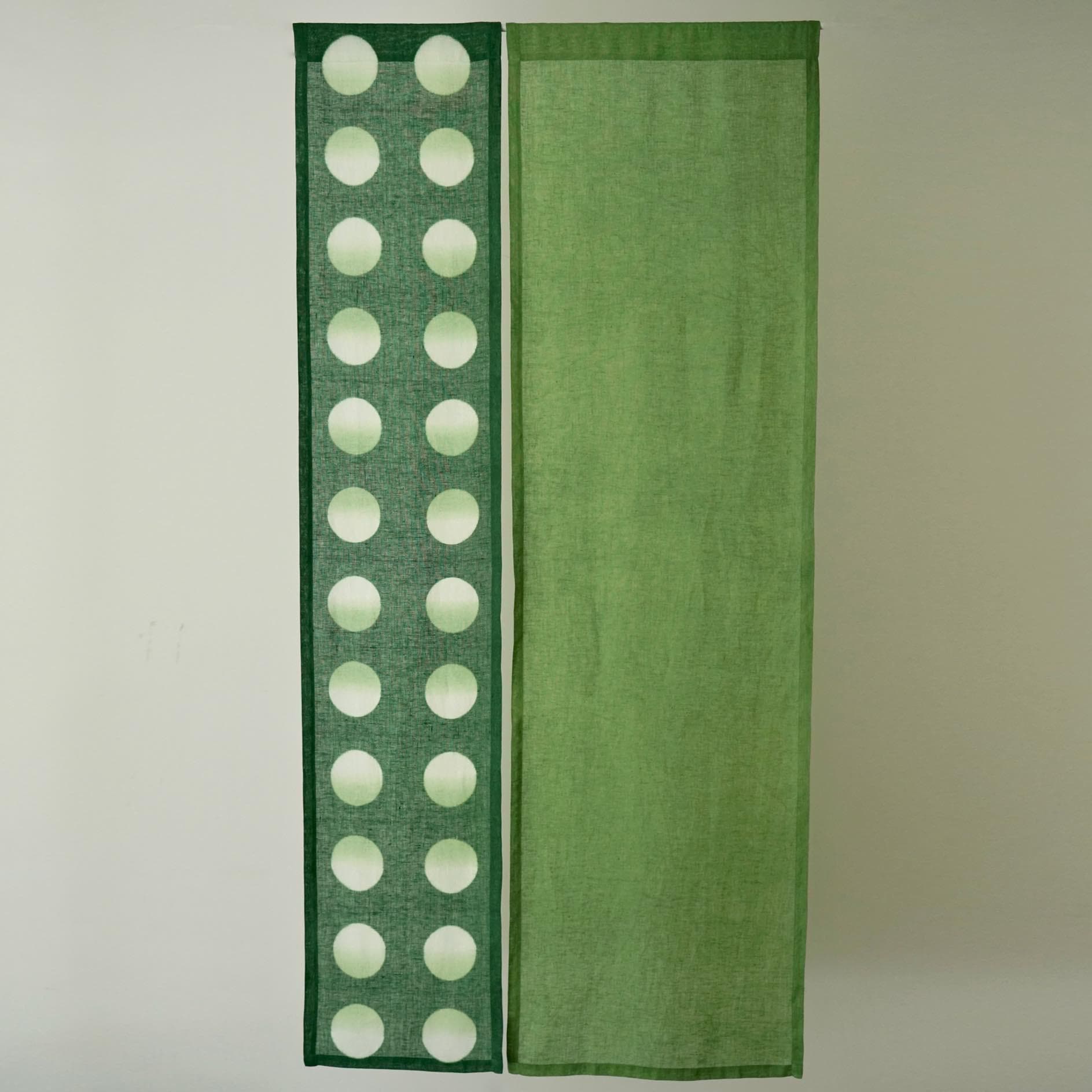 styled room scene with Polka Dot Linen Noren — Sage / Green used as a window or doorway curtain