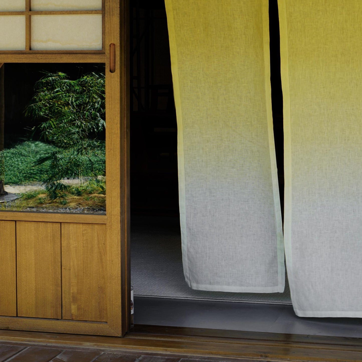 detail view of Soft Tone Noren — Yellow White showing plant-dyed linen texture and pattern