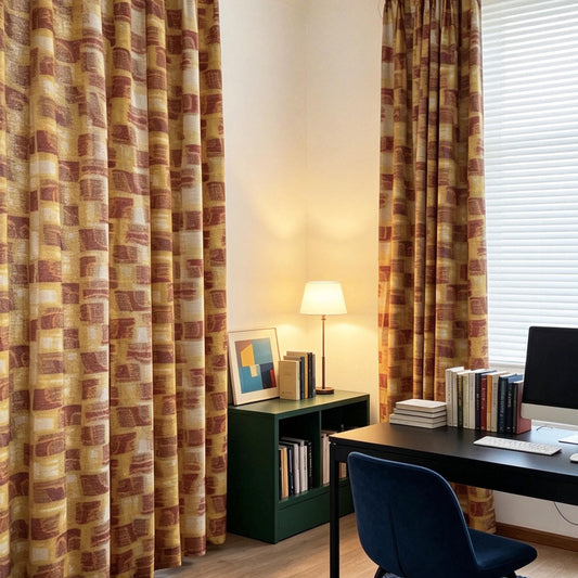 Pattern Drapery — Golden Ochre dressing tall windows in a styled living room