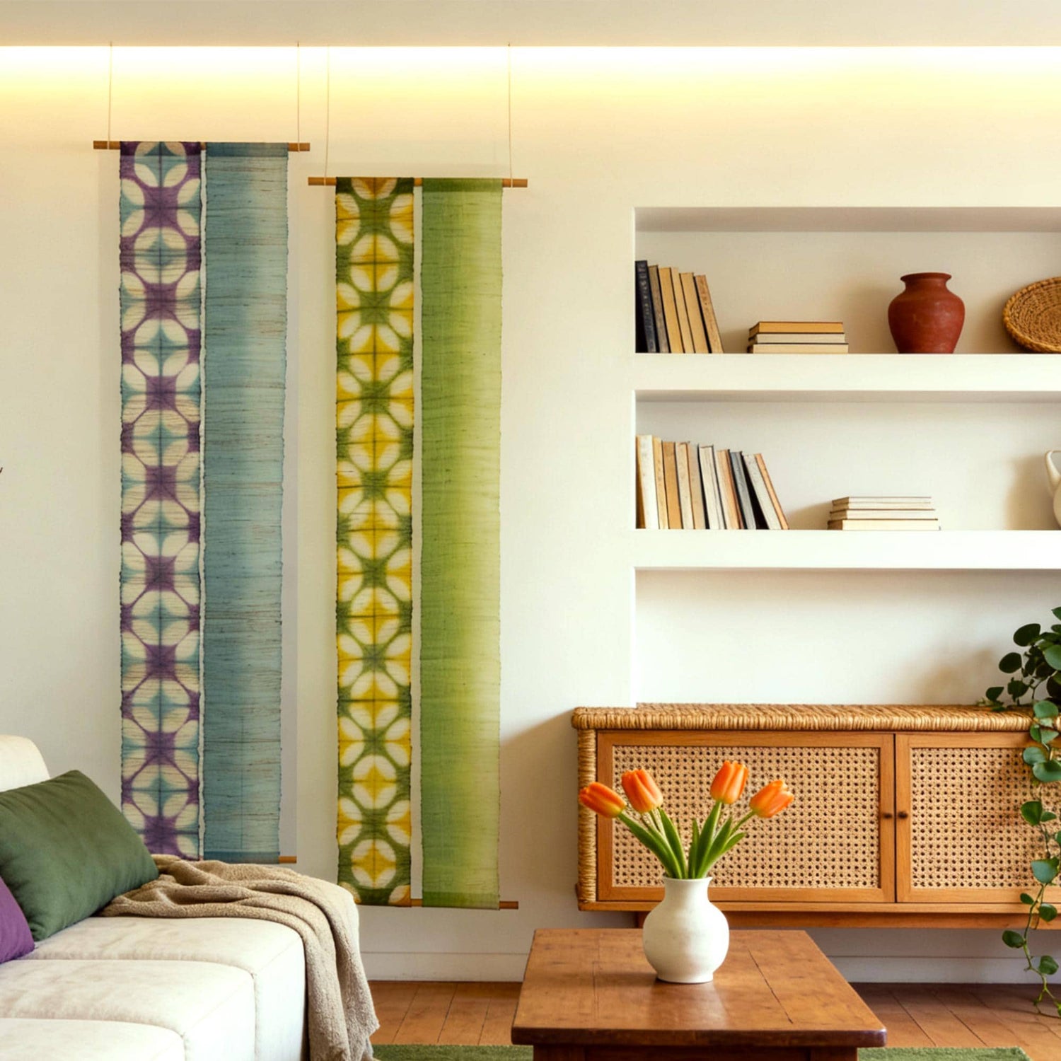 Narrow ramie wall hanging 'Field Grid' — plant-dyed vertical textile scroll, handmade.