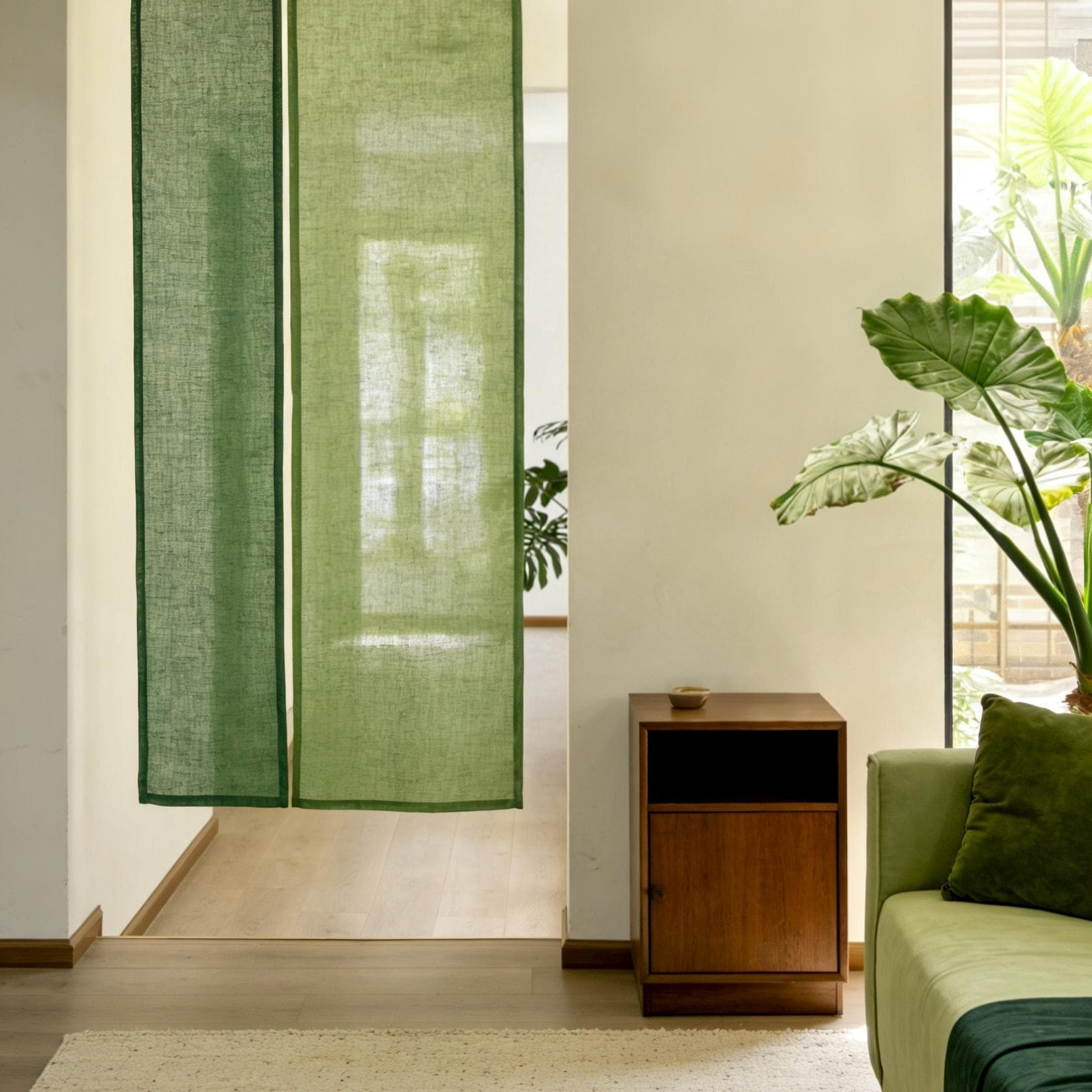 alternate angle of Soft Tone Noren — Leaf Green hanging as a two-panel doorway curtain