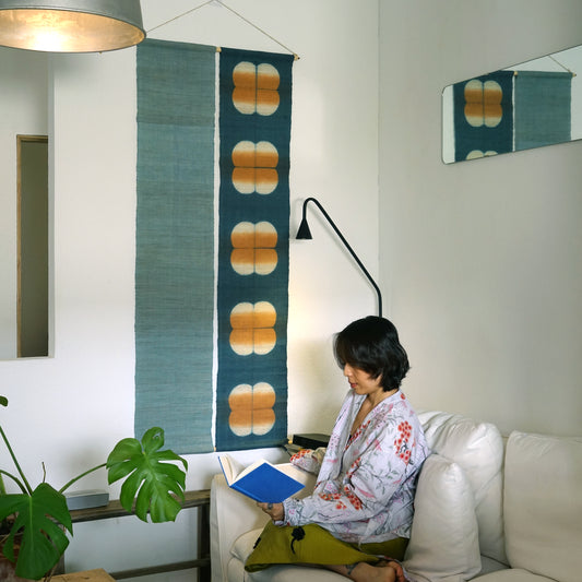Narrow Ramie Wall Hanging — Indigo Ochre