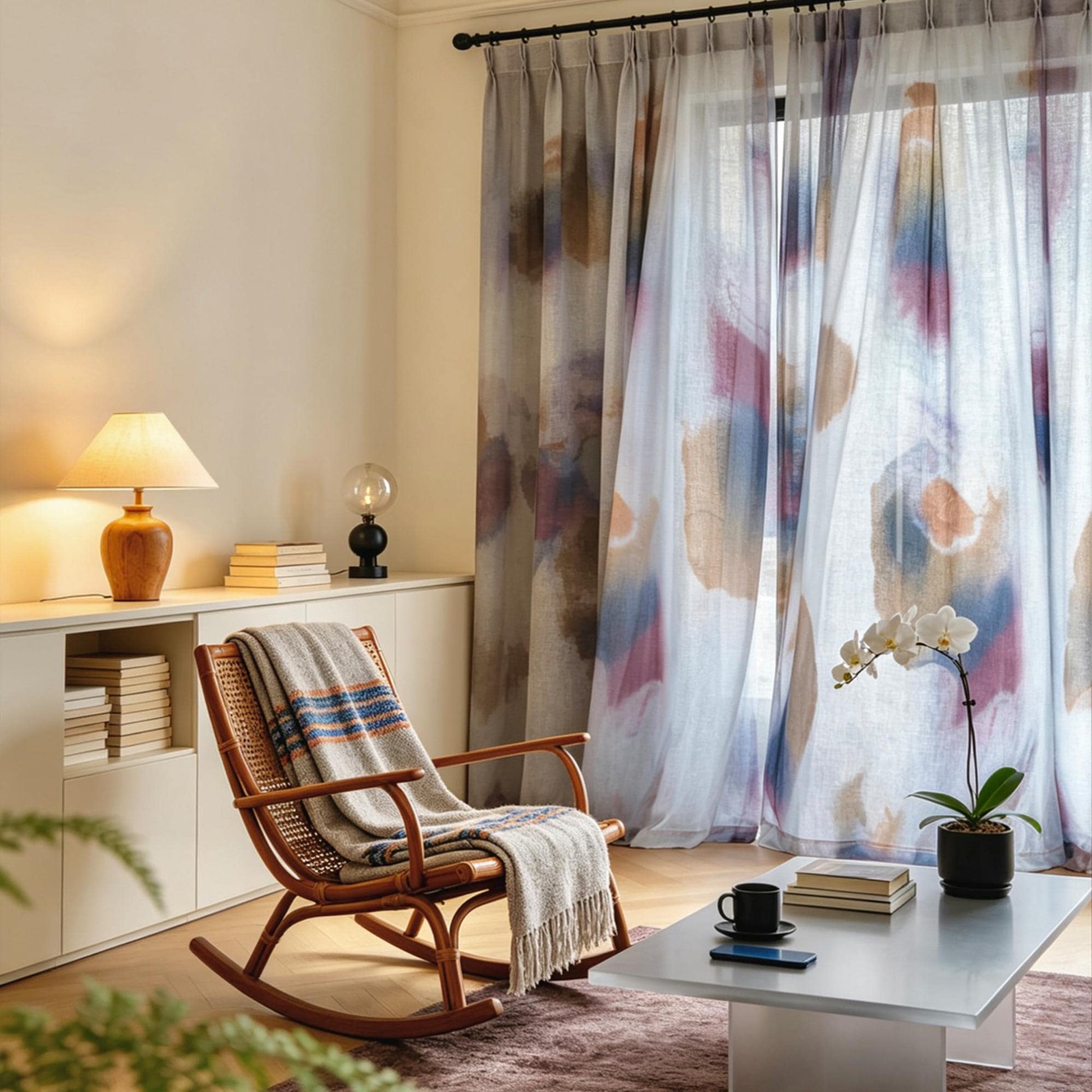 Linen drapes 'Mist Grey' — handmade plant-dyed semi-sheer botanical window curtain.