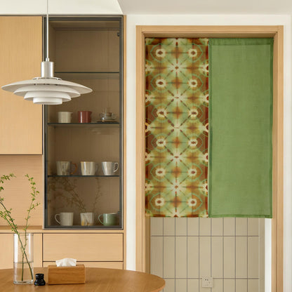 detail view of Motif Linen Noren — Green Bloom showing plant-dyed linen texture and pattern