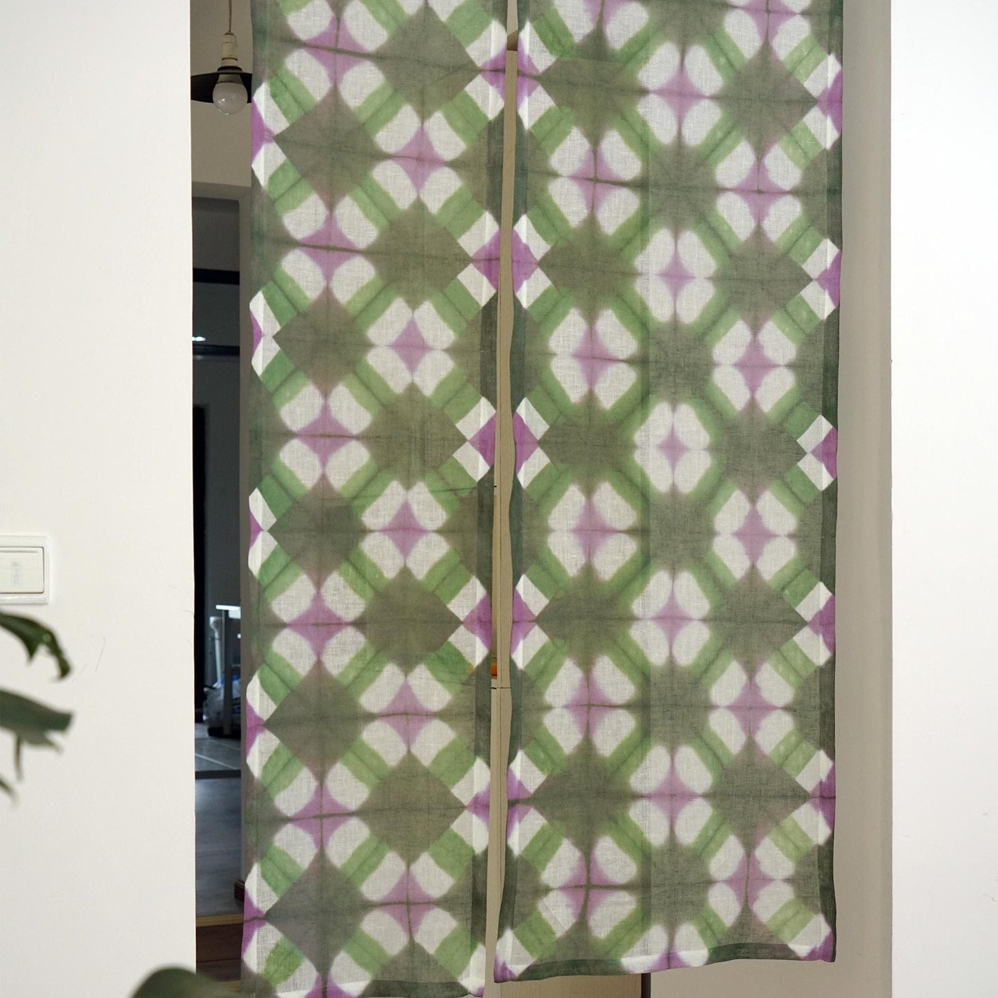 styled room scene with Motif Linen Noren — Green Flower used as a window or doorway curtain