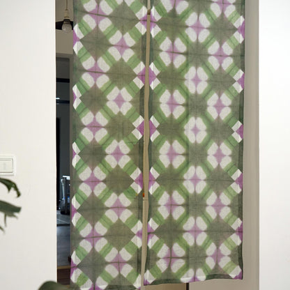 styled room scene with Motif Linen Noren — Green Flower used as a window or doorway curtain