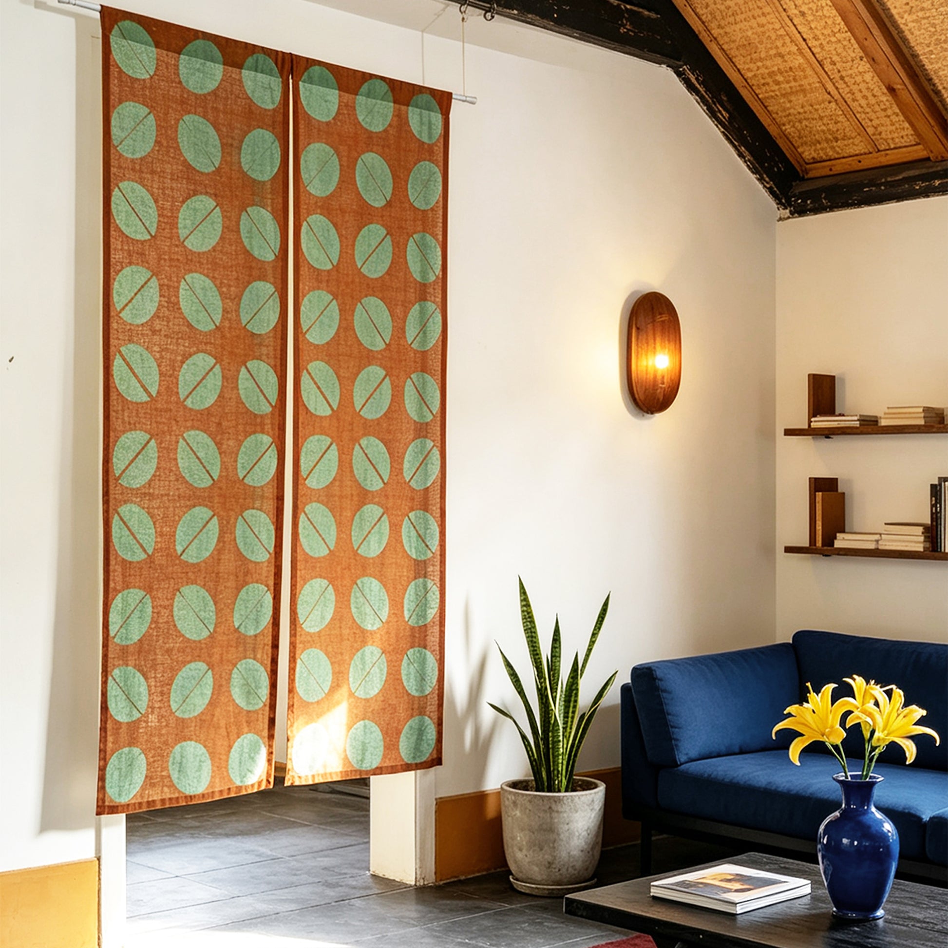 Plant-dyed linen noren 'Coffee Beans' — handmade Japanese doorway curtain with botanical motif.