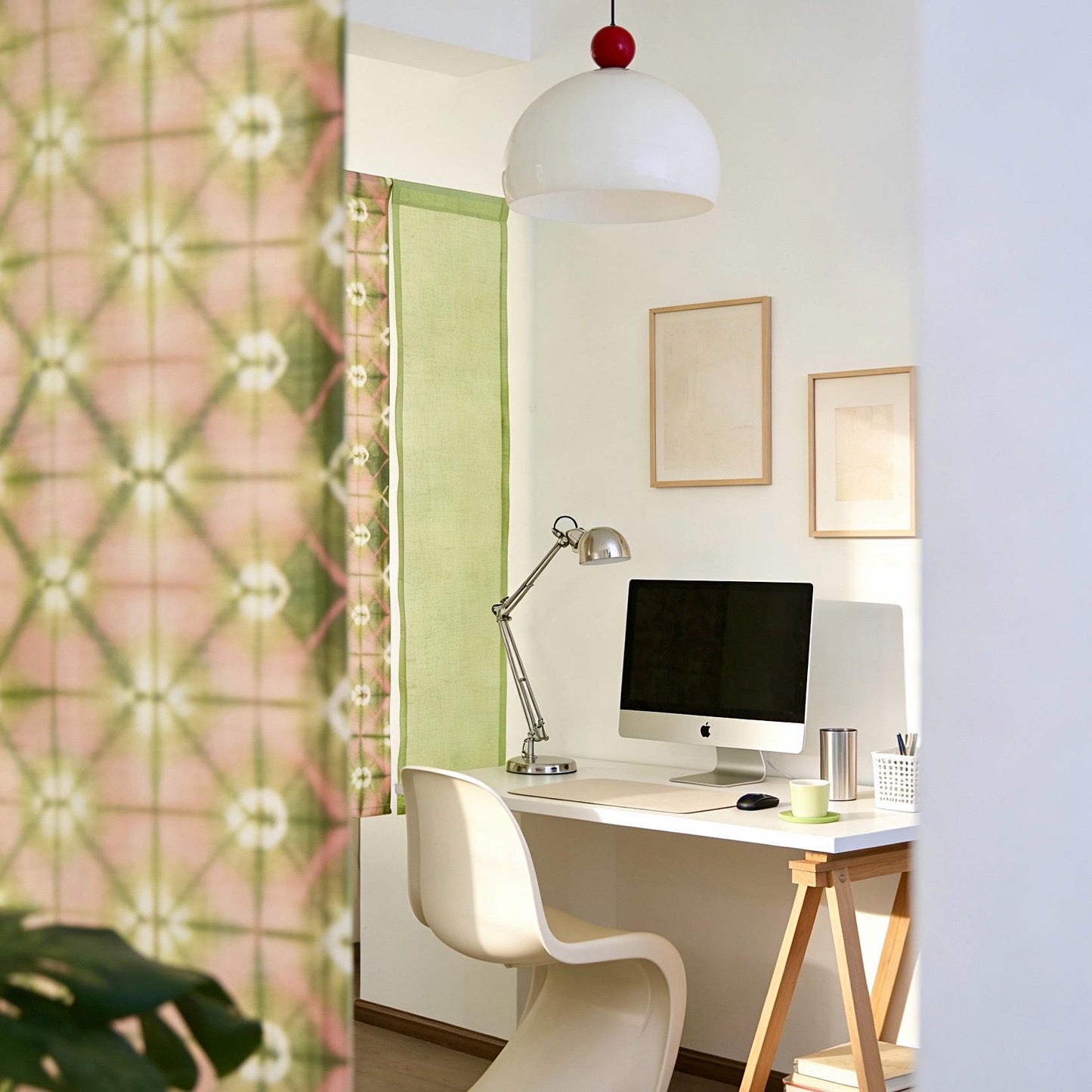 alternate angle of Motif Linen Noren — Peach hanging as a two-panel doorway curtain