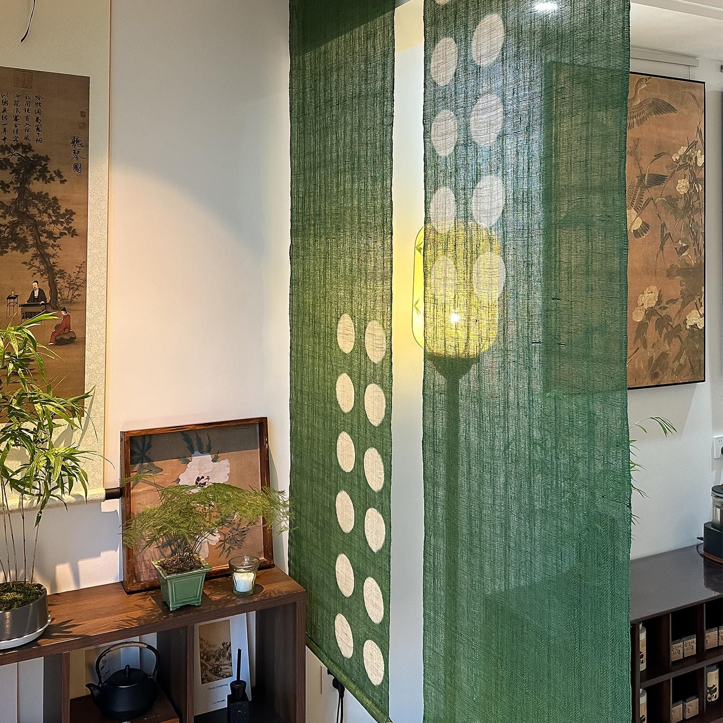 multiple panels of coordinating plant-dyed textiles including Ramie Cloth — Green Dots
