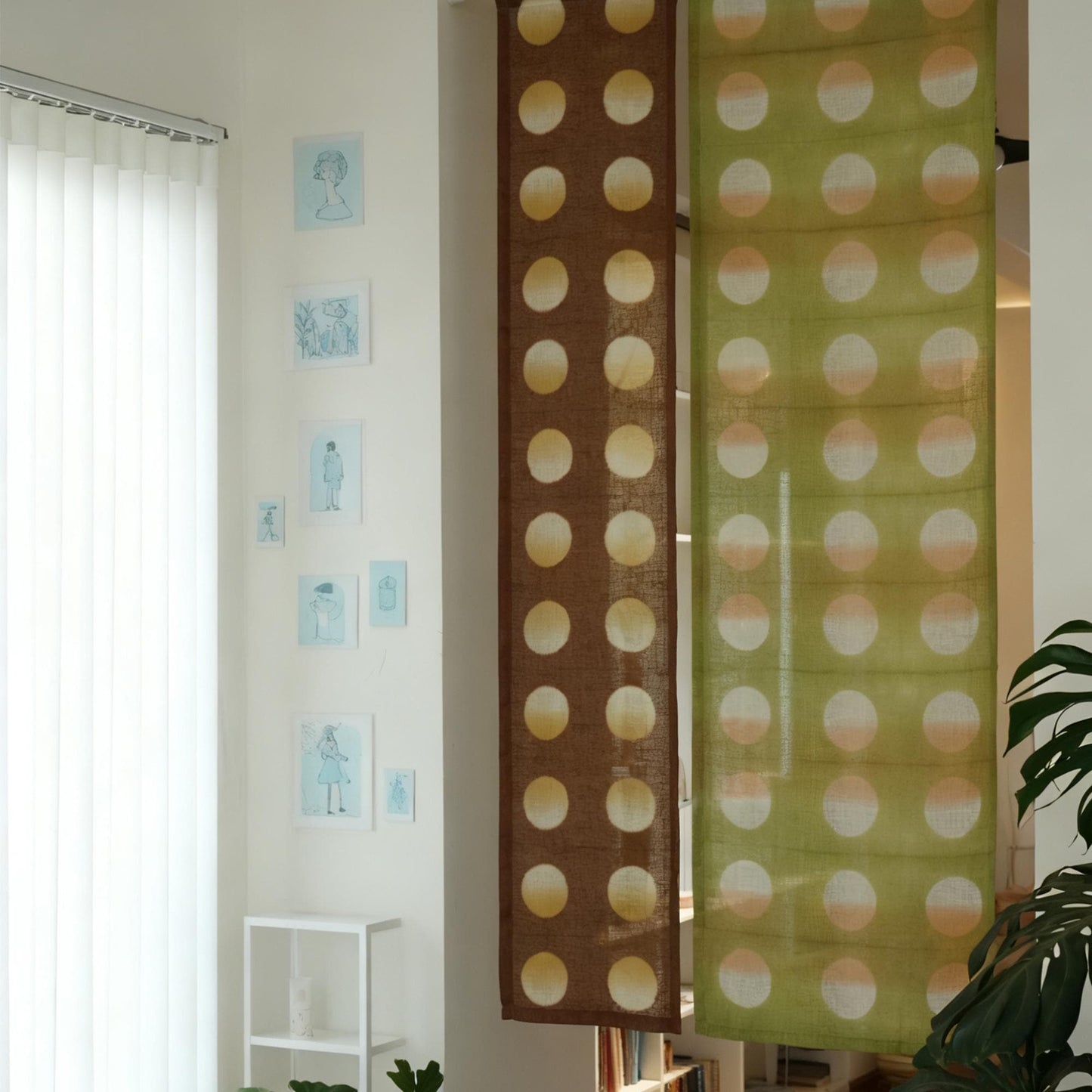 alternate angle of Polka Dot Linen Noren — Orange / Yellow hanging as a two-panel doorway curtain