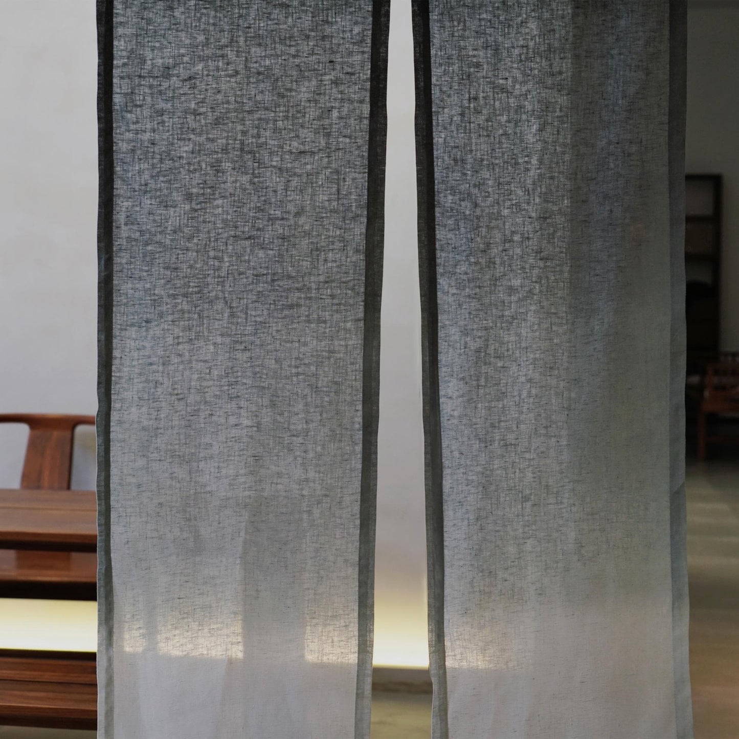 detail view of Soft Tone Noren — Ink Grey showing plant-dyed linen texture and pattern