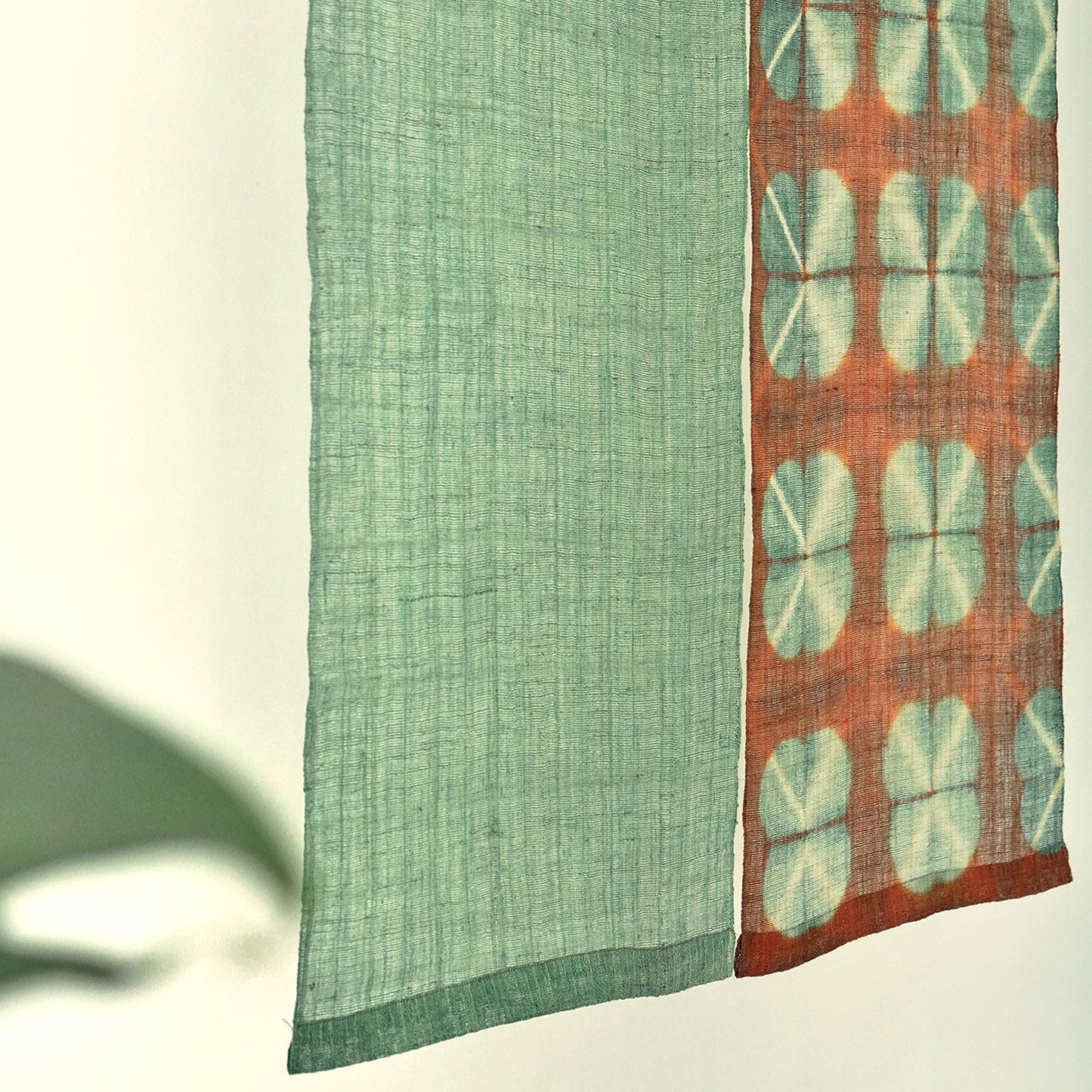 detail view of Ramie Cloth — Clover Green showing natural ramie weave and resist-dye pattern