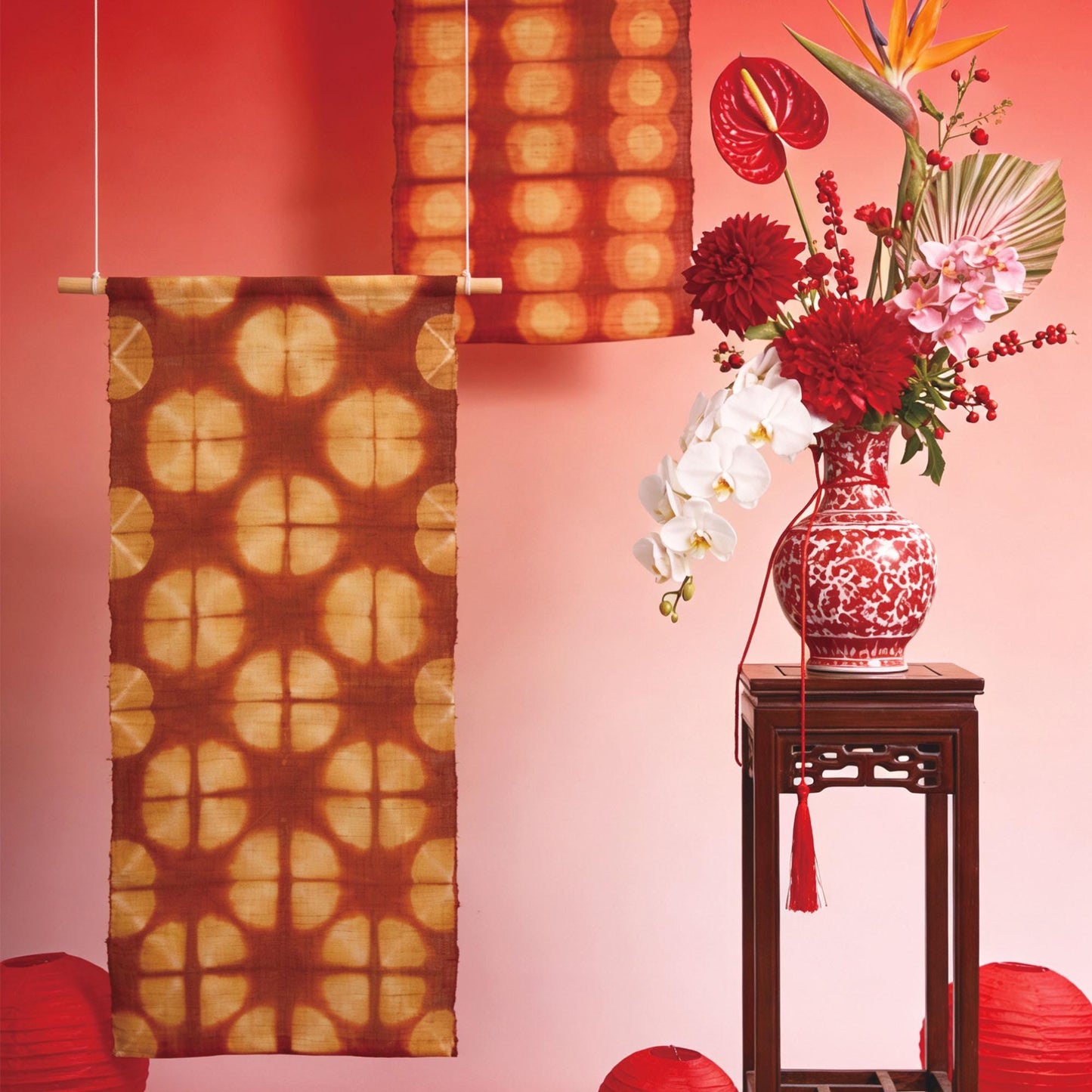 Ramie Cloth — Berry displayed as a room divider or wall hanging