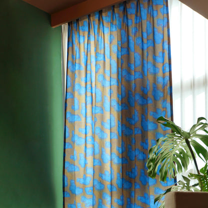 detail view of Pattern Drapery — Deep Blue showing plant-dyed pattern and sheer drape