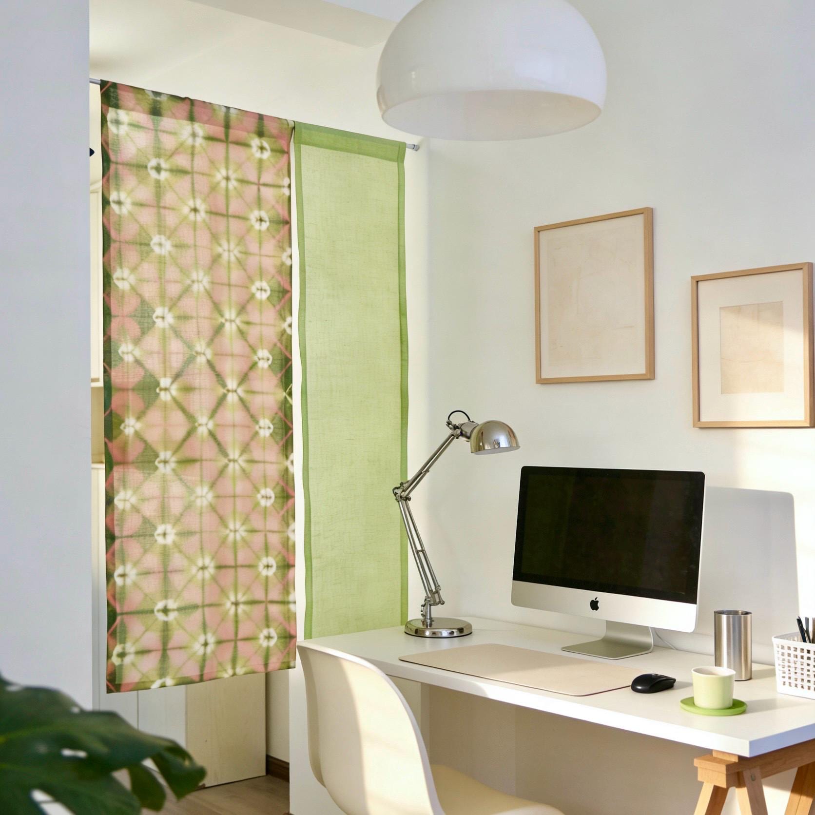 Plant-dyed linen noren 'Peach' — handmade Japanese doorway curtain with botanical motif.