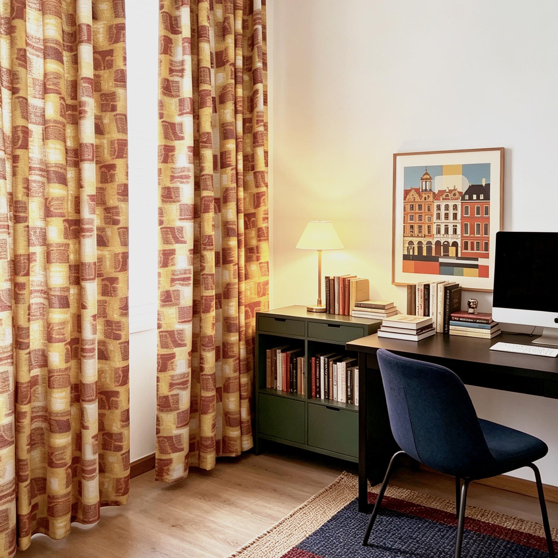 detail view of Pattern Drapery — Golden Ochre showing plant-dyed pattern and sheer drape
