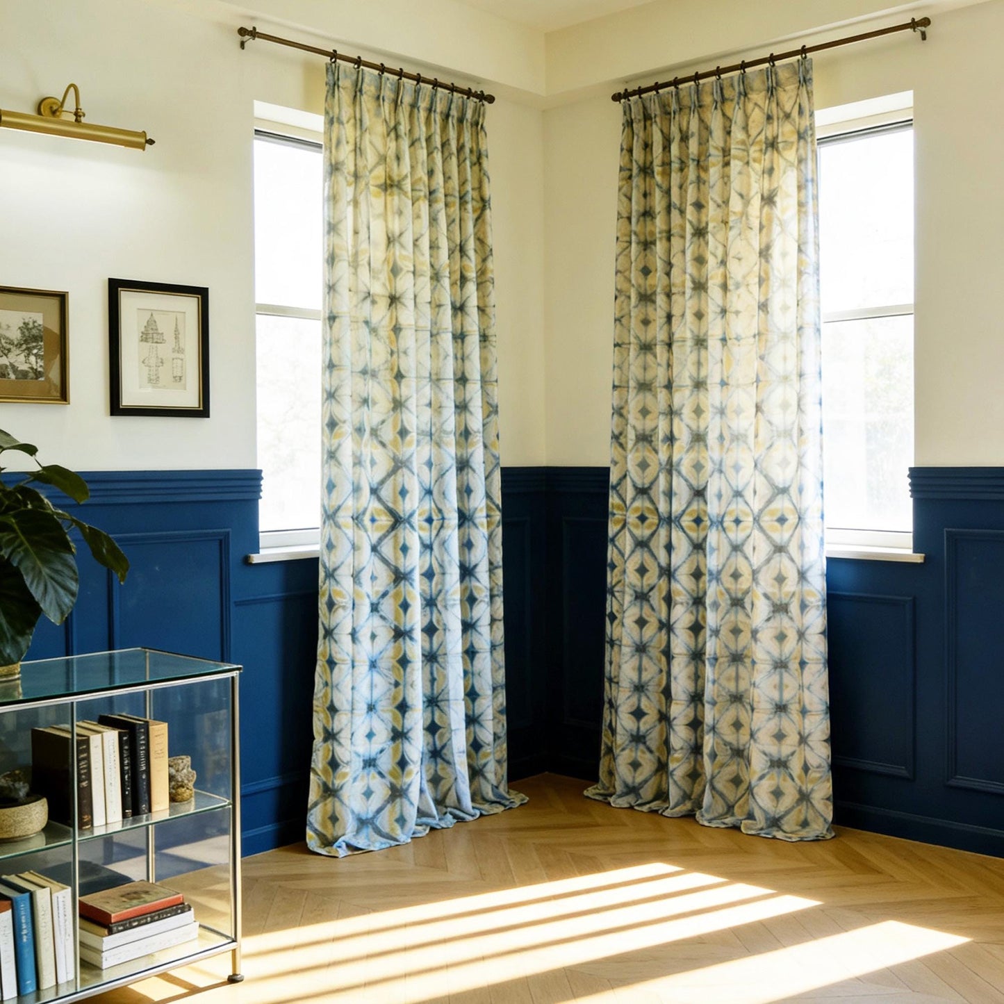 Pattern Drapery — Moss Yellow dressing tall windows in a styled living room