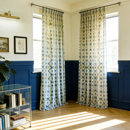 Pattern Drapery — Moss Yellow dressing tall windows in a styled living room