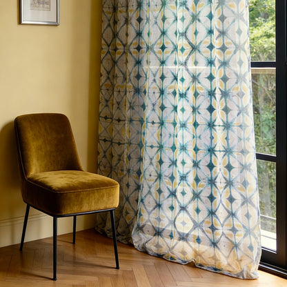 lifestyle scene with Pattern Drapery — Moss Yellow creating a soft, airy room partition
