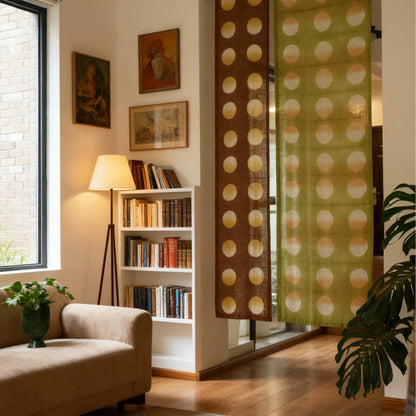detail view of Polka Dot Linen Noren — Orange / Yellow showing plant-dyed linen texture and pattern