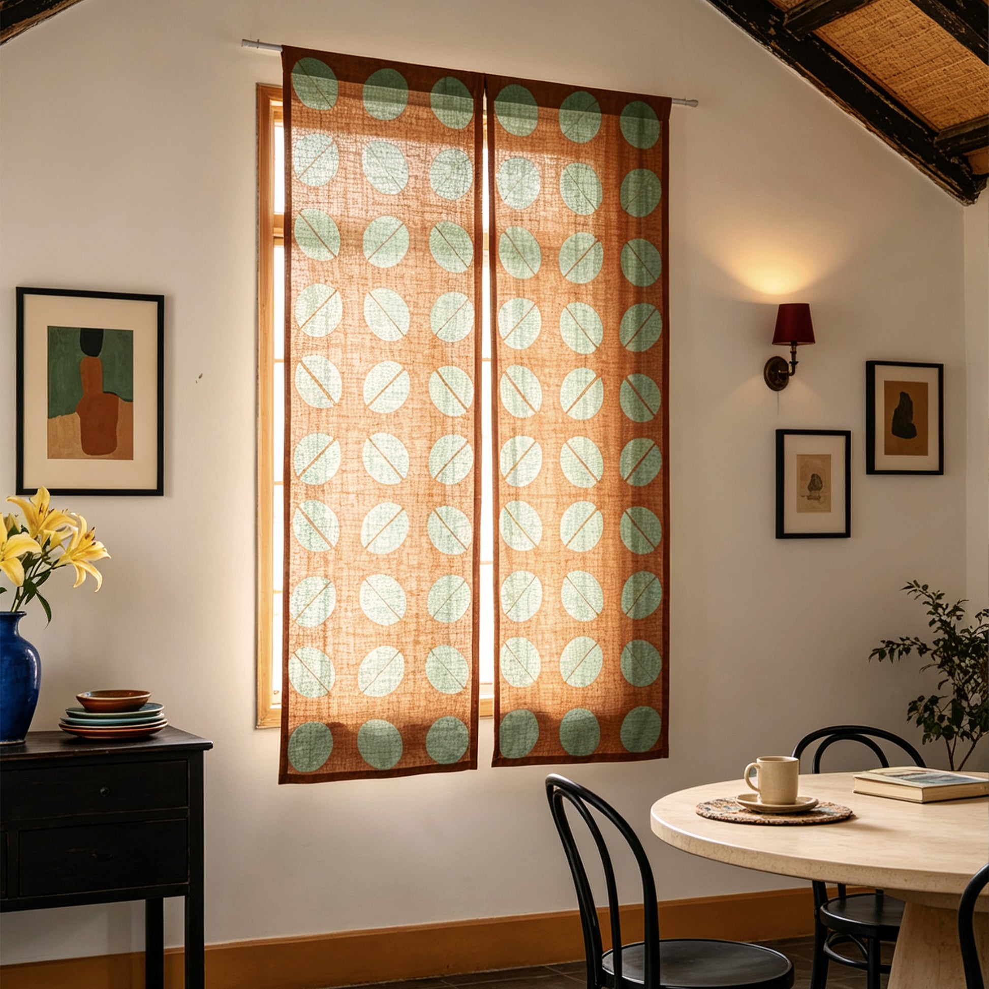 detail view of Motif Linen Noren — Coffee Beans showing plant-dyed linen texture and pattern