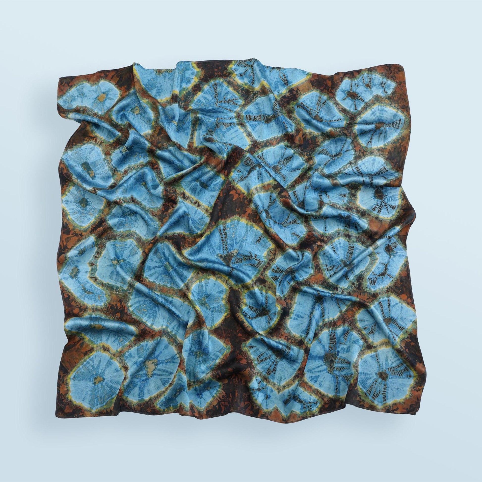 Hand dyed plant-dyed scarf 'Aqua Bloom' — wearable botanical textile art, natural dyes.