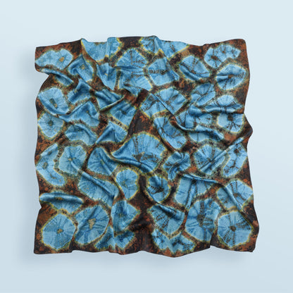 Hand dyed plant-dyed scarf 'Aqua Bloom' — wearable botanical textile art, natural dyes.